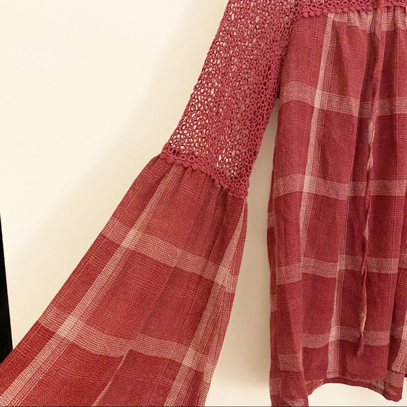 NWT Hazel plaid and lace crochet bell sleeve top - Picture 4 of 4